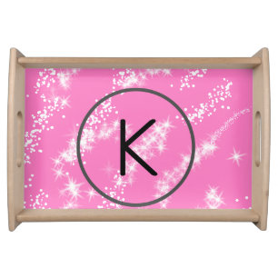 simple minimal white monogram pink glitter waterco serving tray