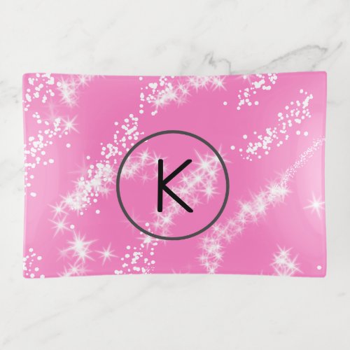 simple minimal white monogram pink glitter waterco trinket tray