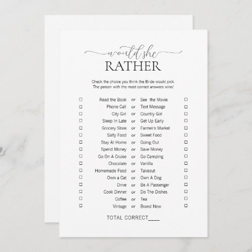 Simple Minimal Would She Rather Bridal Shower Game Invitation