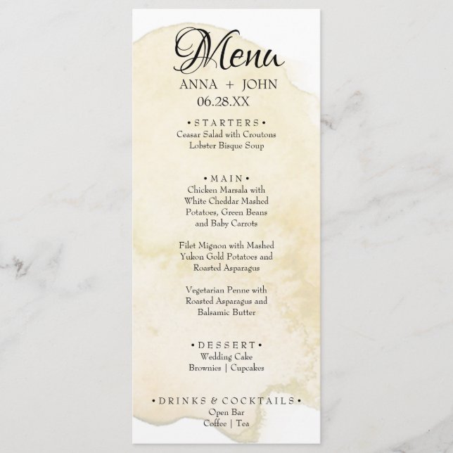 Simple Minimal Yellow Watercolor Wedding Dinner  Menu (Front)