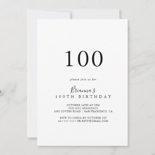 Simple Minimalist 100th Birthday Party Invitation