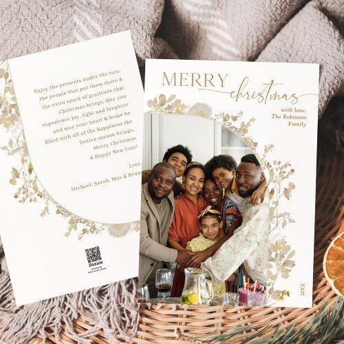 Simple Minimalist 1 Photo White Gold Christmas  Holiday Card
