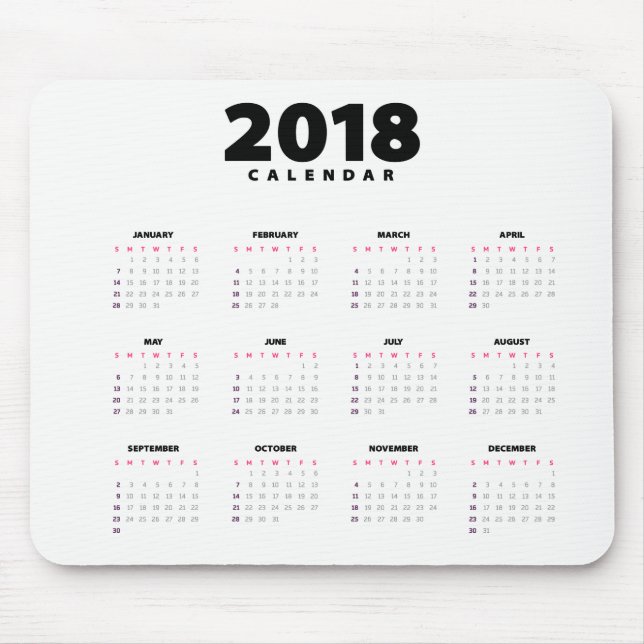 Simple Minimalist 2018 Calendar | Mousepad (Front)
