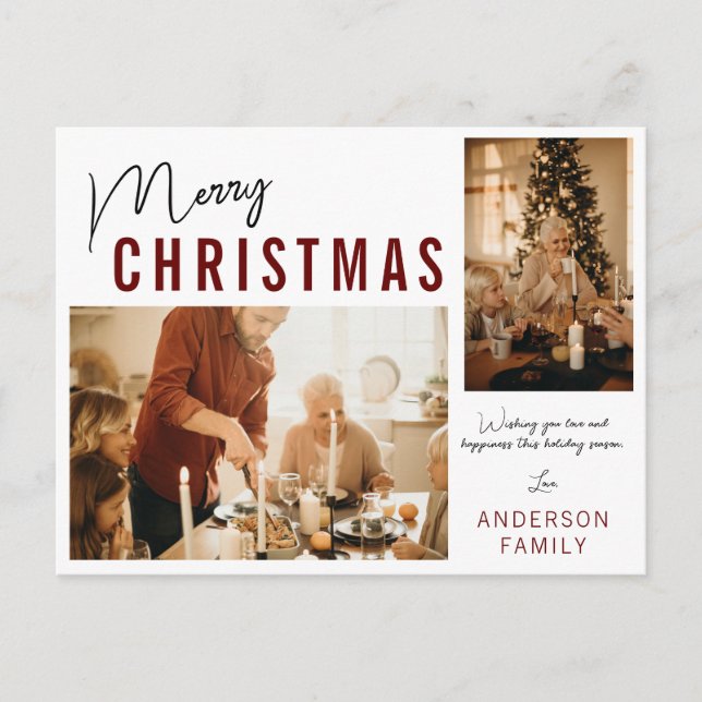 Simple Minimalist 2 Photo Merry Christmas Holiday Postcard (Front)