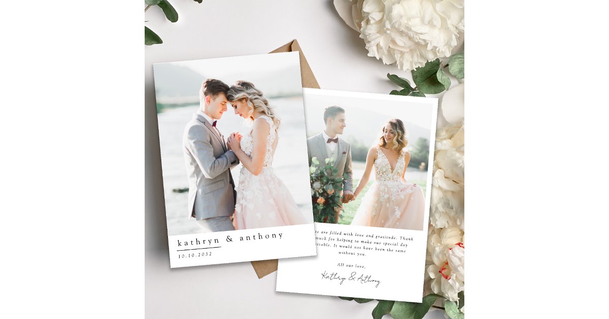 Simple Minimalist 2 Photo Wedding Thank You Card | Zazzle