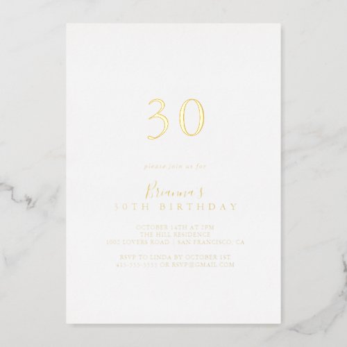 Simple Minimalist 30th Birthday Party Gold   Foil Invitation