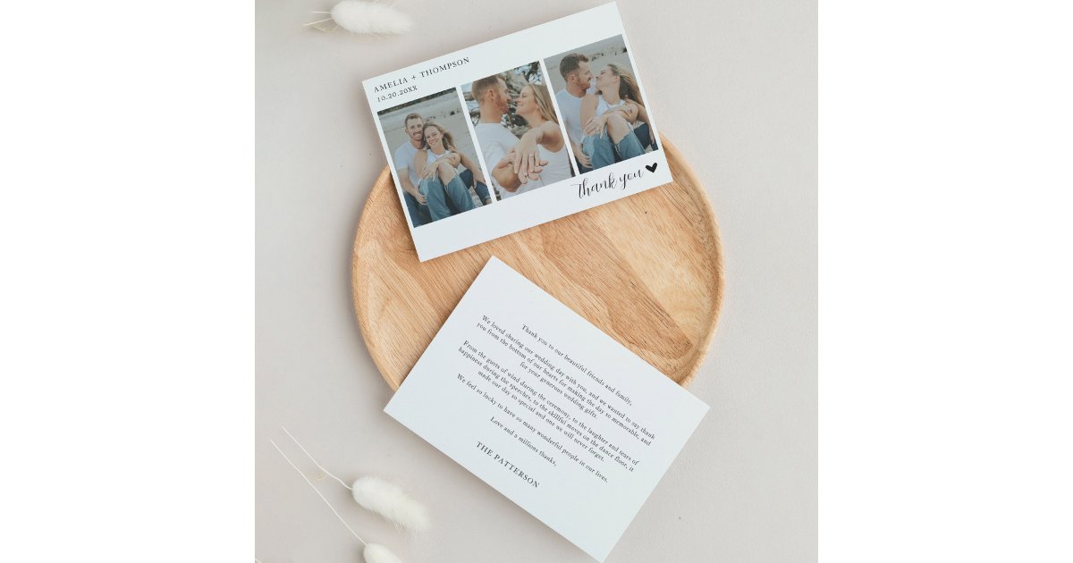 Simple Minimalist 3 Photo With Heart Wedding Thank You Card | Zazzle