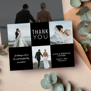 Simple minimalist 4 photo collage black wedding thank you card