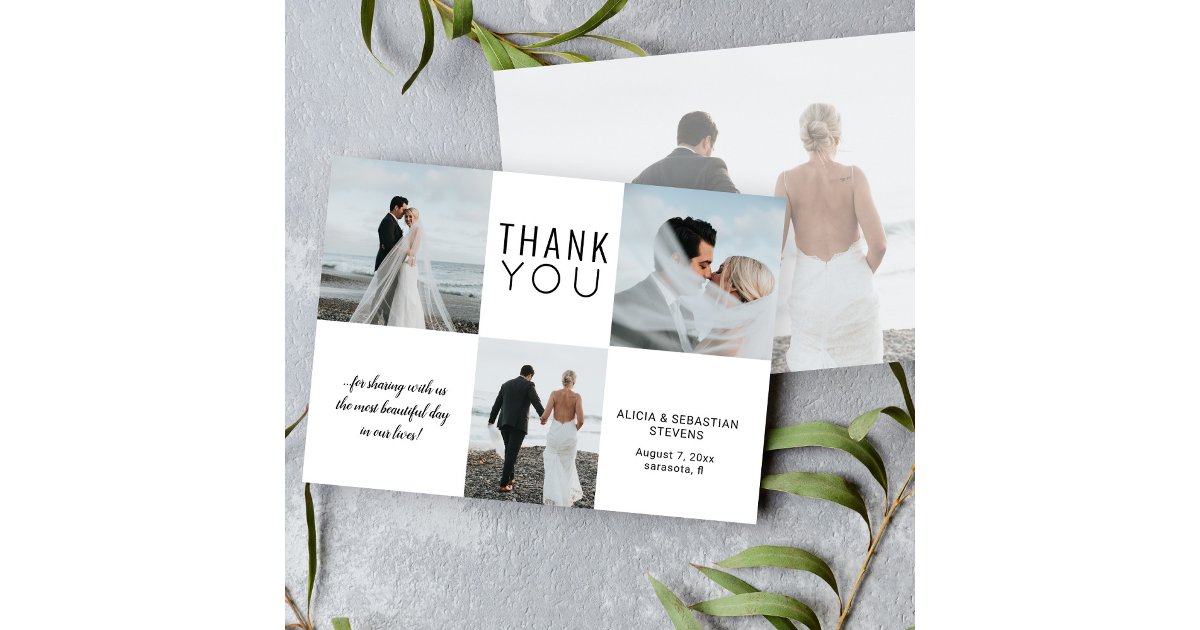 Simple minimalist 4 photo collage wedding thank you card | Zazzle