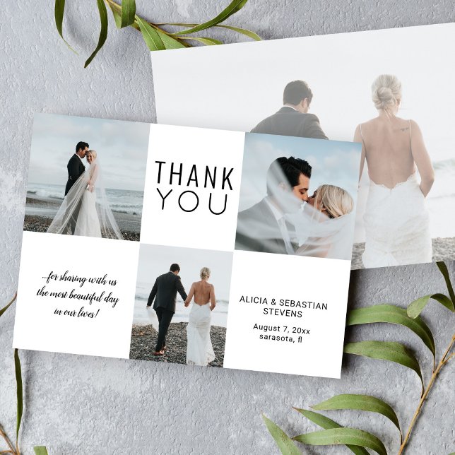 Simple minimalist 4 photo collage wedding thank you card (Creator Uploaded)
