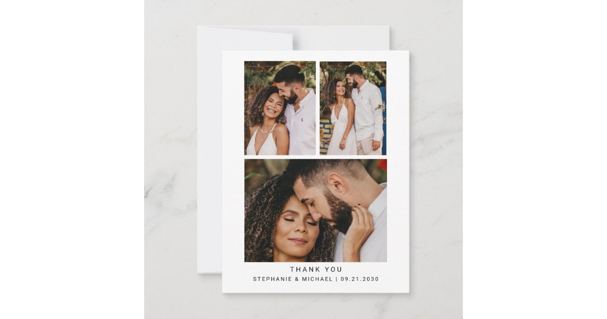 Simple Minimalist 4 Photo Modern Script Wedding Thank You Card | Zazzle
