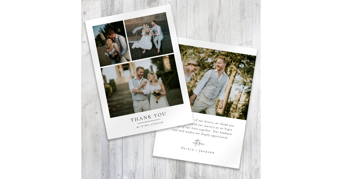 Simple Minimalist 4 Photo Wedding Thank You Card | Zazzle