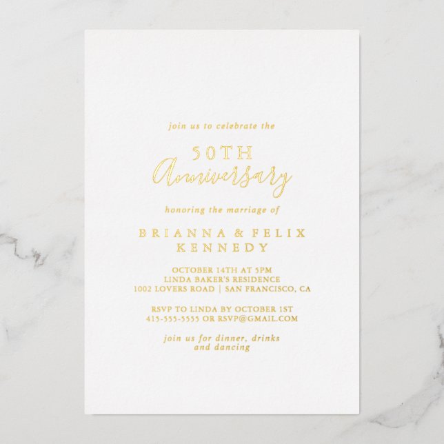 Simple Minimalist 50th Wedding Anniversary Gold   Foil Invitation (Front)