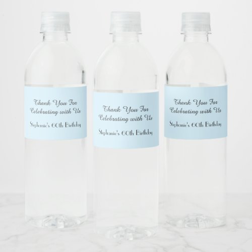 Simple Minimalist 60th Birthday Party Pale Blue Water Bottle Label
