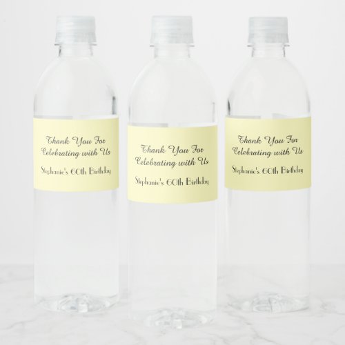 Simple Minimalist 60th Birthday Party Pale Yellow Water Bottle Label