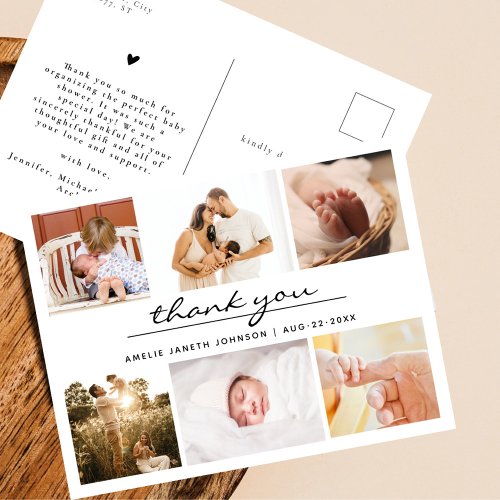 Simple Minimalist 6 Photo Collage Baby Thank You Postcard