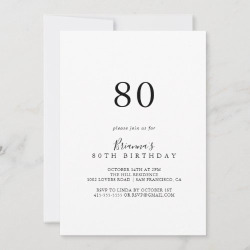 Simple Minimalist 80th Birthday Party Invitation