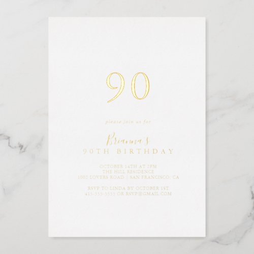 Simple Minimalist 90th Birthday Party Gold   Foil Invitation