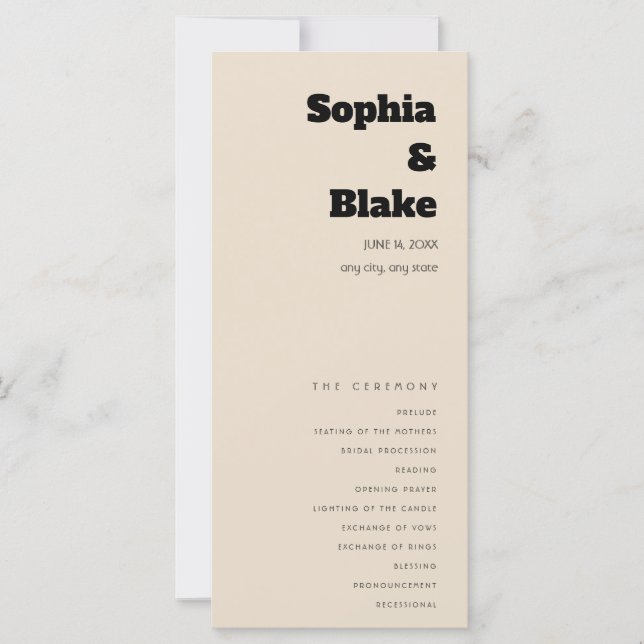 Simple Minimalist Almond Wedding Program (Front)
