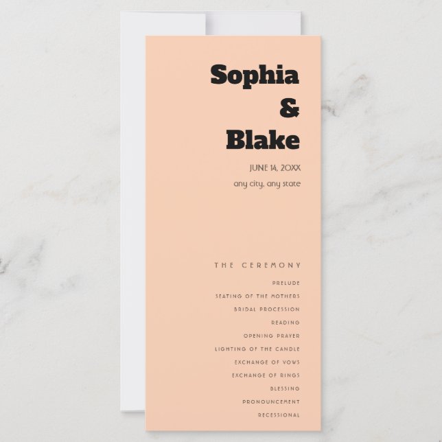 Simple Minimalist Apricot Orange Wedding Program (Front)