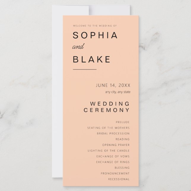 Simple Minimalist Apricot Wedding Program (Front)