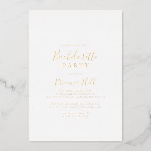 Simple Minimalist Bachelorette Party Gold   Foil Invitation