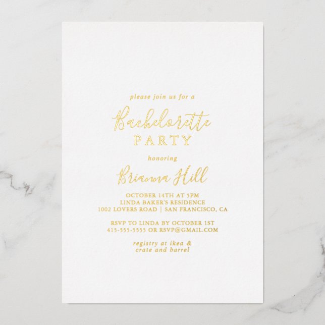 Simple Minimalist Bachelorette Party Gold   Foil Invitation (Front)