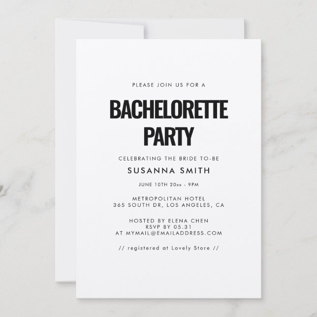 Simple minimalist Bachelorette Party Invitation (Front)