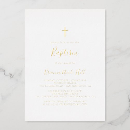 Simple Minimalist Baptism Gold   Foil Invitation