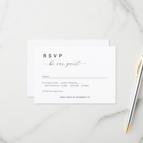 Simple Minimalist Be our guest Wedding Script  RSVP Card