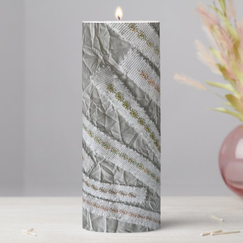 Simple minimalist beige cream wildflowers stripes  pillar candle