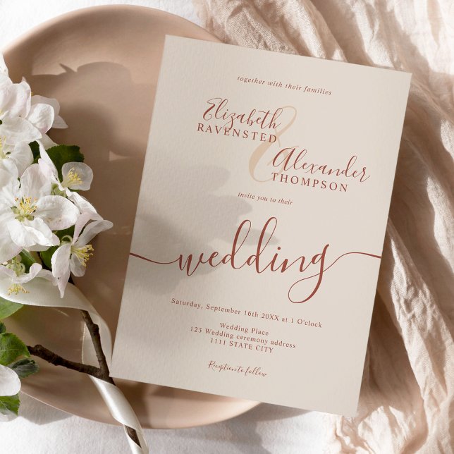 Simple minimalist beige terracotta script wedding invitation (Creator Uploaded)