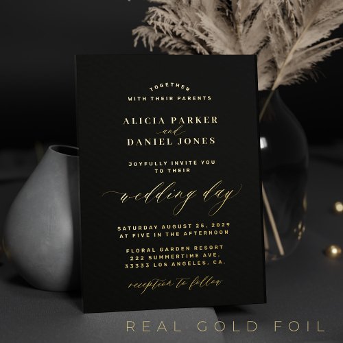 Simple minimalist black and gold elegant wedding foil invitation