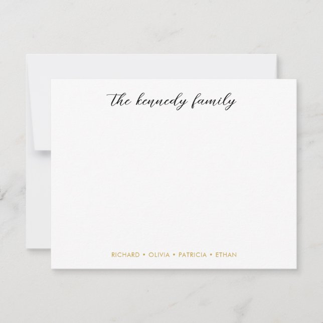 Simple Minimalist Black And Gold Family Name  Note Card (Front)