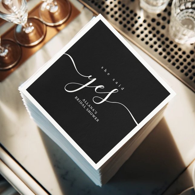 Simple Minimalist Black and White Bridal Shower Napkins (A stack of elegant black-and-white bridal shower napkins with modern script design.)