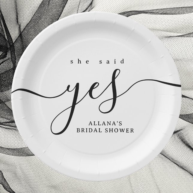 Simple Minimalist Black and White Bridal Shower Paper Plates (Minimalist black-and-white bridal shower paper plate with "She Said Yes" design.)