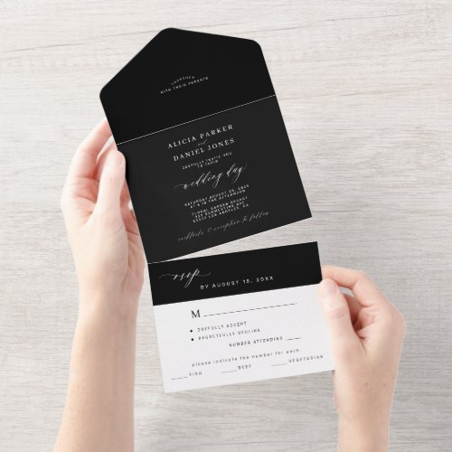 Simple minimalist black and white elegant wedding all in one invitation