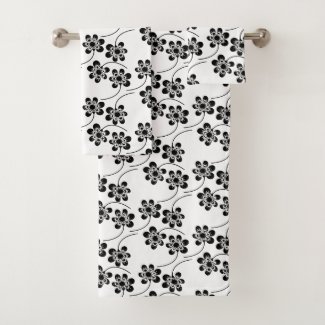 Simple Minimalist Black and White Floral Pattern Bath Towel Set