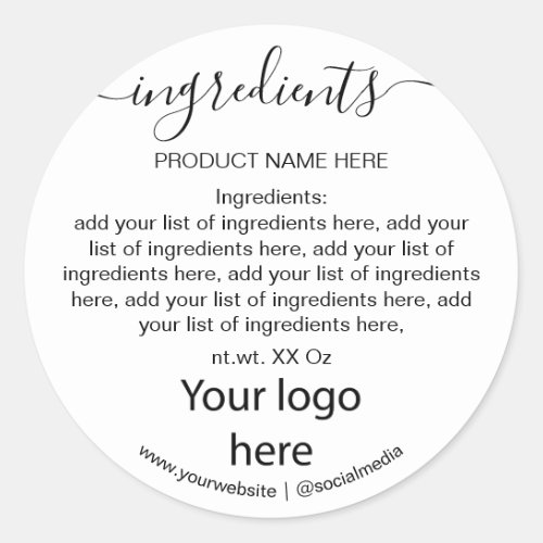 Simple Minimalist Black and White Ingredient List  Classic Round Sticker