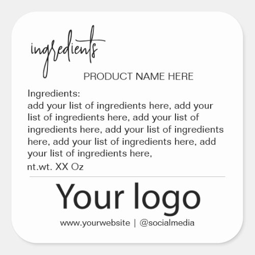 Simple Minimalist Black and White Ingredient List  Square Sticker