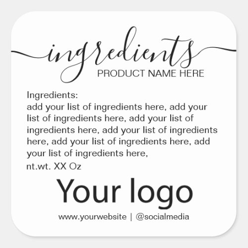 Simple Minimalist Black and White Ingredient List  Square Sticker