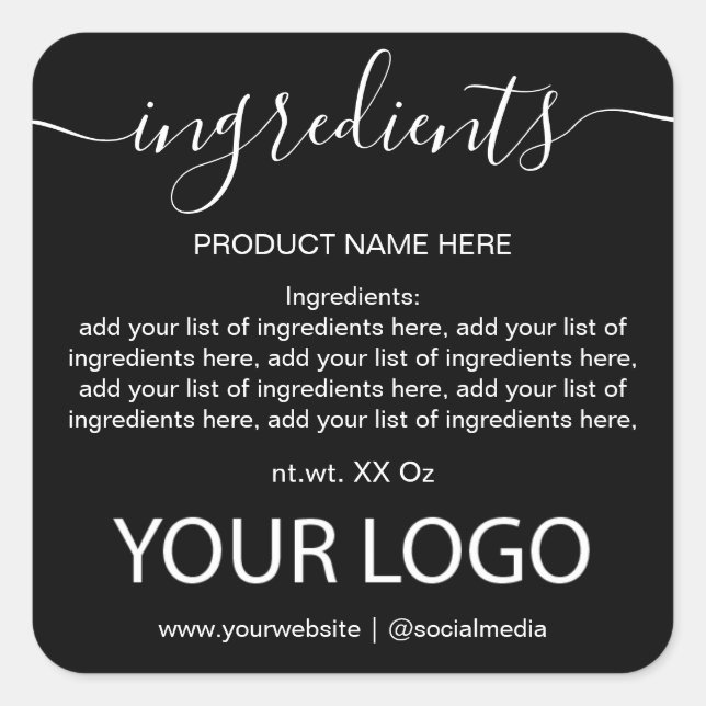 Simple Minimalist Black and White Ingredient List  Square Sticker (Front)