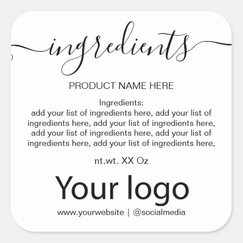 Simple Minimalist Black and White Ingredient List  Square Sticker