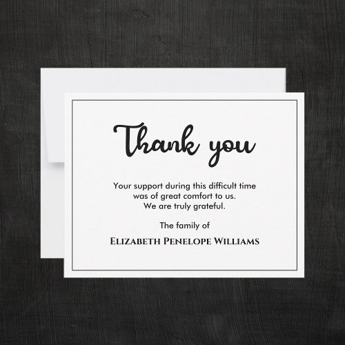 Simple Minimalist Black And White Memorial Funeral Thank You Card