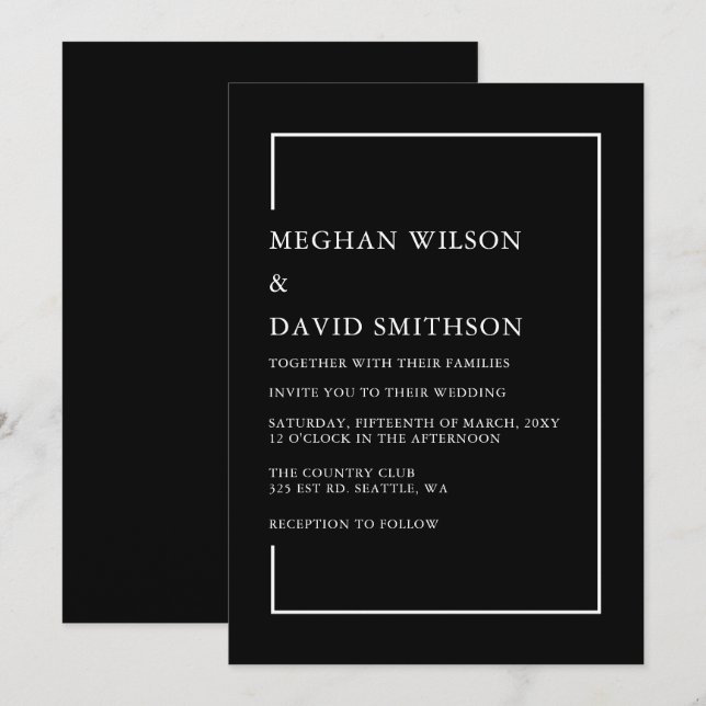 Simple Minimalist Black and White Modern Wedding Invitation (Front/Back)