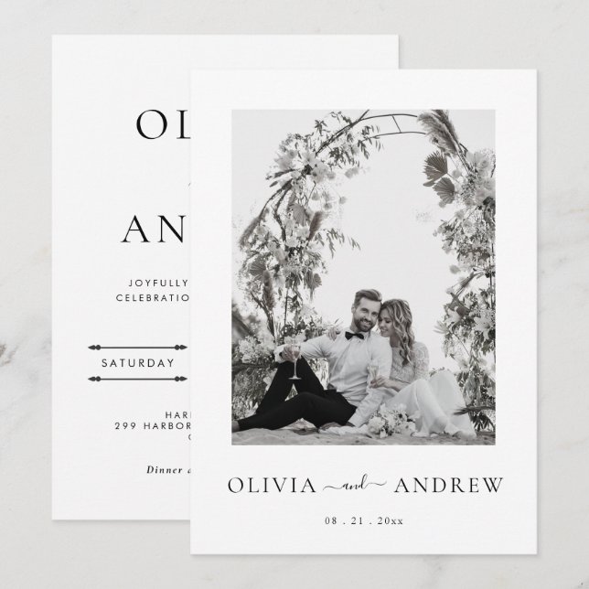 Simple Minimalist Black and White Photo Wedding Invitation (Front/Back)