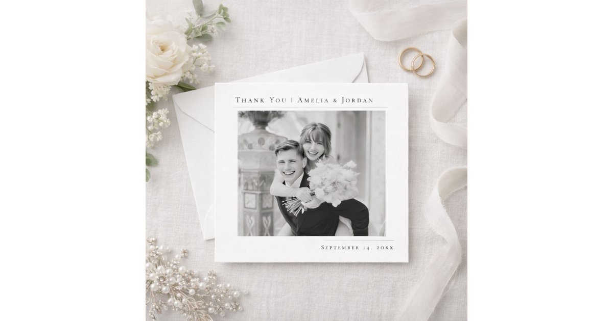Simple Minimalist Black and White Wedding Photo Thank You Card | Zazzle