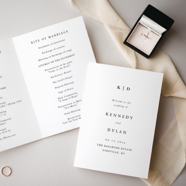 Simple Minimalist Black and White Wedding Program (Minimal black and white 5x7' folded wedding monogram program.)