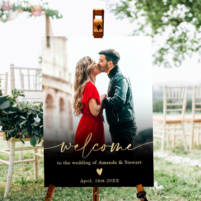 Simple minimalist black gold photo wedding welcome foam board (Creator Uploaded)