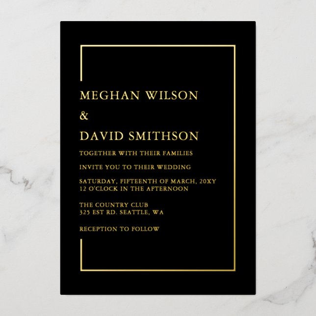 Simple Minimalist Black Modern Wedding  Foil Invitation (Front)